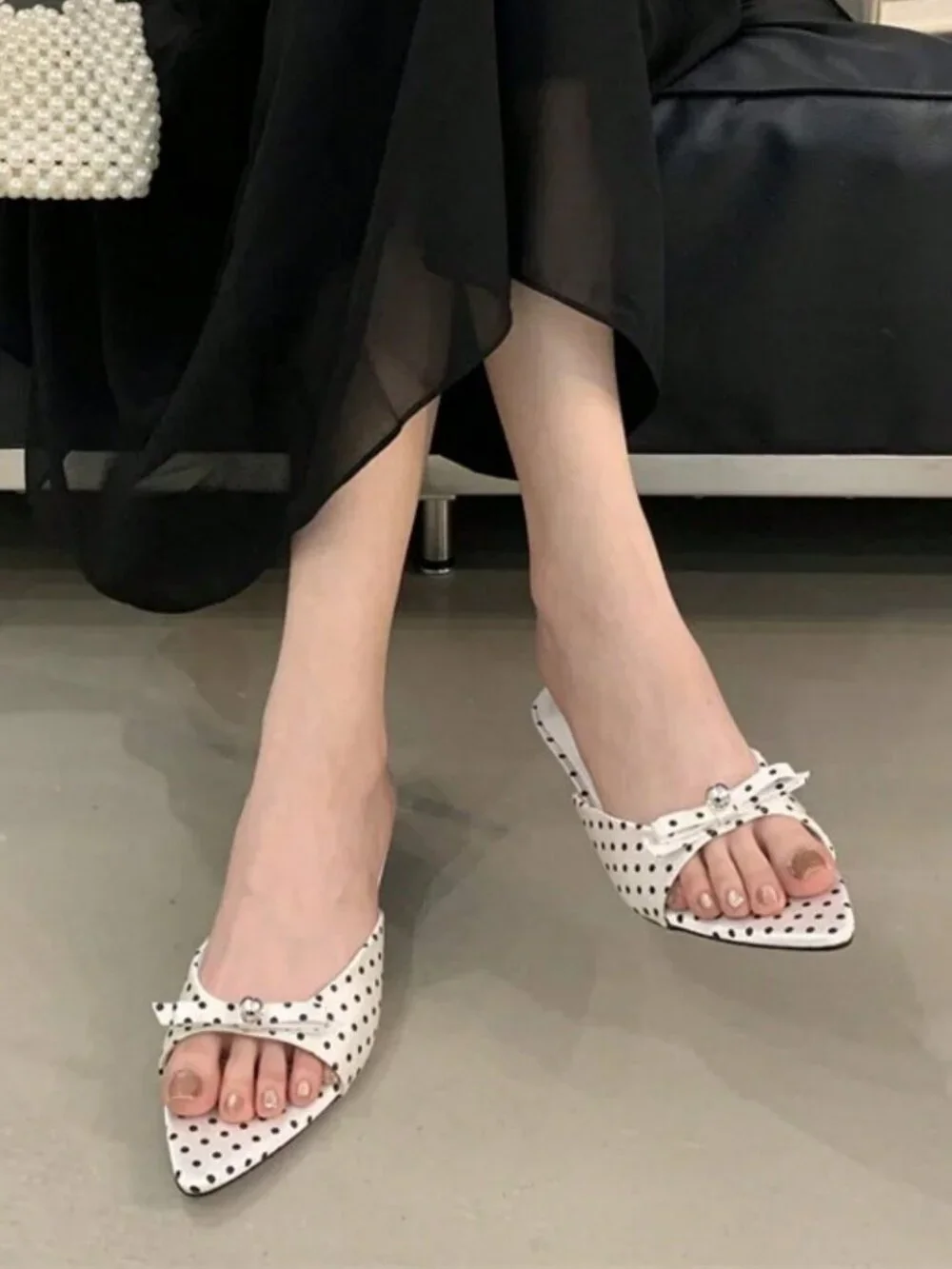 White Women's polka dot  Pointed Toe Stiletto Heel Sandals